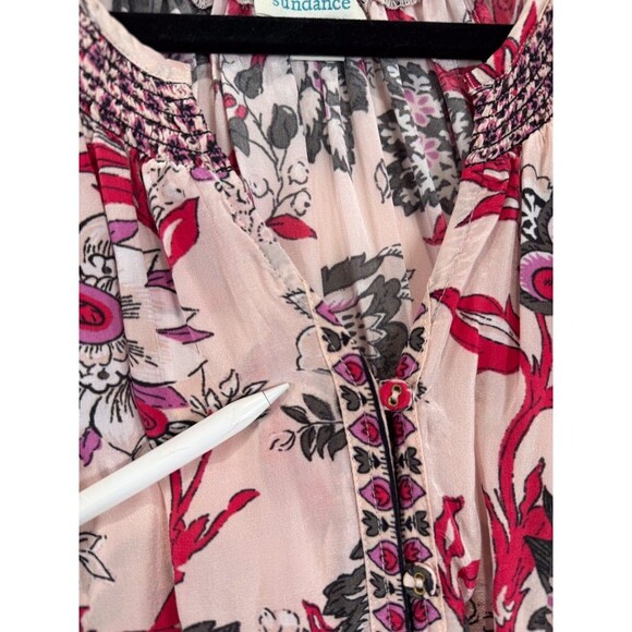 Sundance Womens Top Red Floral V Neck Button Front Blouse Peasant Boho Large - Picture 7 of 12